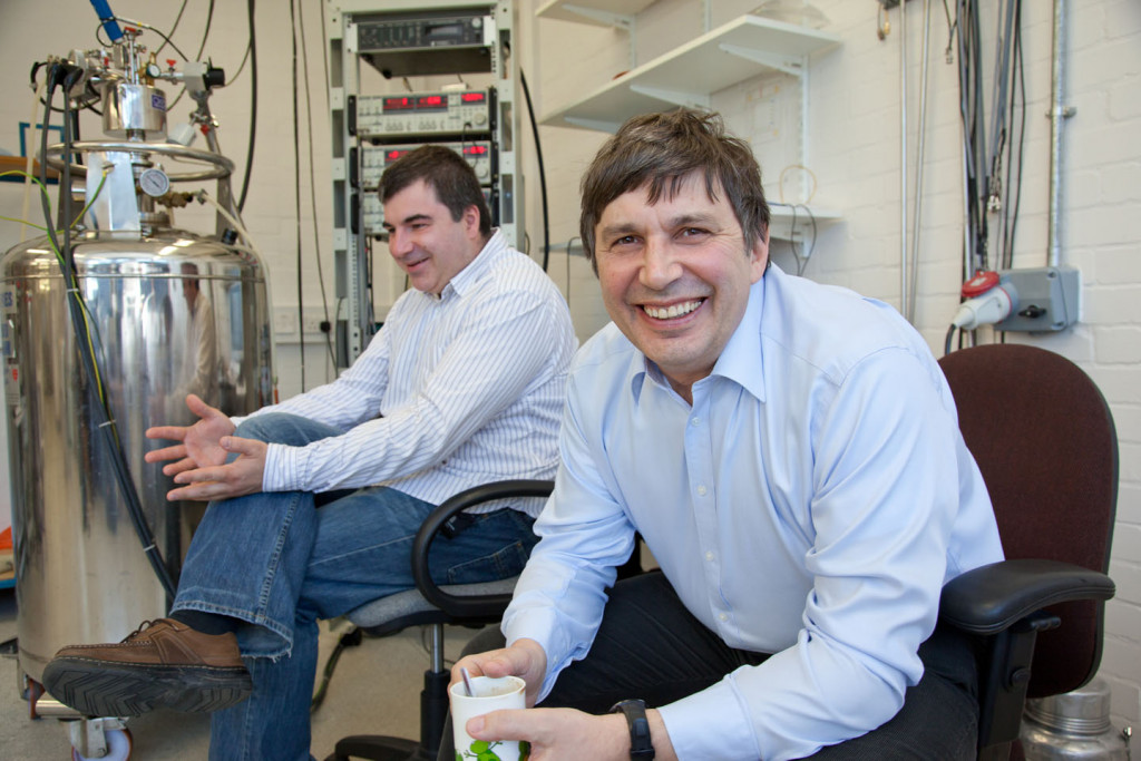 Picture of Andre Geim and Kostya Novosolev in a lab