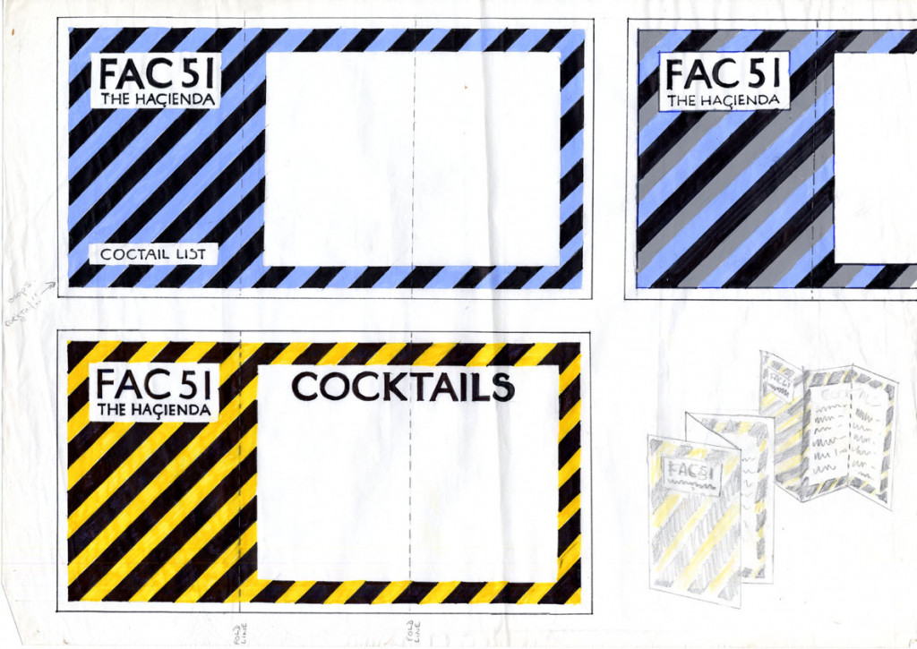 Peter Saville's design for the Hacienda's cocktail menu in blue and yellow
