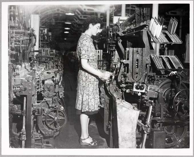 Now or Never, 1949, Thompson, Daily Herald Archive, ©National Media Museum Workers at Tootill Broadhurst Lee Sunnyside Mill Bolton, working extra night shifts. Kathleen Smith of Bolton on her row of looms.