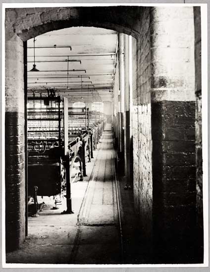 Spinning room of Rigby Mill - Oldham, Photographed around 1938, White, Daily Herald Archive, ©National Media Museum